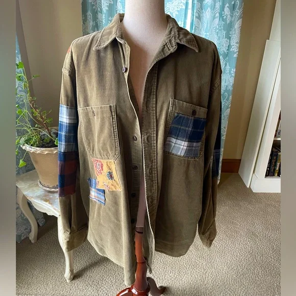 Boho retro upcycled plaid floral graphic patchwork corduroy Dockers button down - Picture 2 of 16
